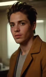 a man in an office with a jacket on