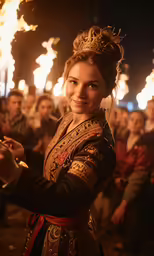 an asian woman dressed in traditional clothing and holding some flames
