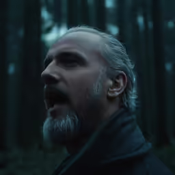a man with white hair and beard standing in the woods