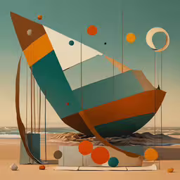 an abstract piece of art with multiple circles on it,a multi - colored art work made of various pieces on the sand