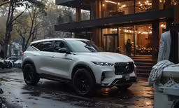 a suv parked in front of a building