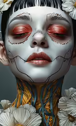 the face and neck of a child with flowers on her head