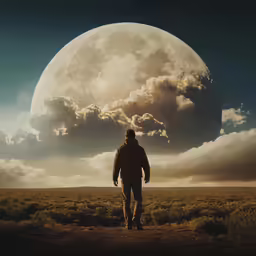 a man walking in an open field towards the moon