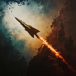 a fighter jet launching into the air during sunset