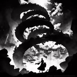 a woman and man stand in front of large giant monsters in the background