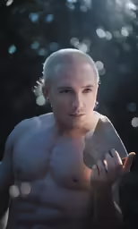 a shirtless man posing with a small rock