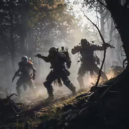 a group of soldiers chasing on the ground in a wooded area