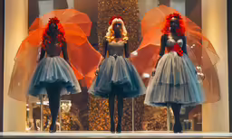three mannequins are dressed in costumes in a window