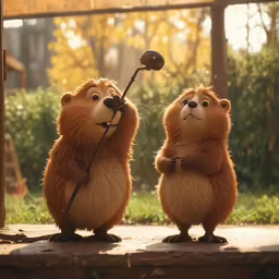 two brown animals standing next to each other