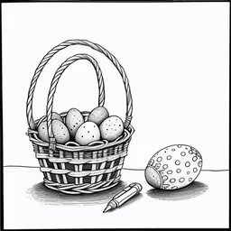 a black and white drawing of eggs in a basket,a basket with eggs next to a ball,an illustration of a basket and a pen next to eggs,a basket of eggs next to a ball,a basket with eggs, pen and pencil on a table
