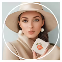 a woman wearing a hat and holding onto a small package