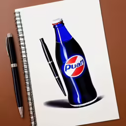 a pen sitting on a desk next to a picture of a soda bottle