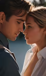 a couple standing next to each other by the water