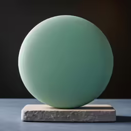 green sphere sculpture on marble block on top of a stone slab