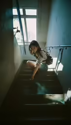 young girl on stairway waiting for her luggage