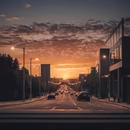 the sun sets over the empty city street