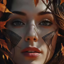 woman with eyes painted in white in front of leaves