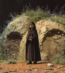 a woman standing in a desert holding a sword