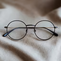 a pair of glasses resting on a brown fabric