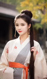 a woman in a kimono and a ponytail standing near a tree