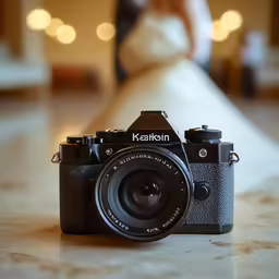 a camera is set on the table for a photo