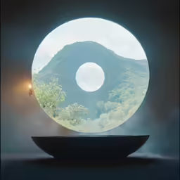 a circular mirror shows an image in the background