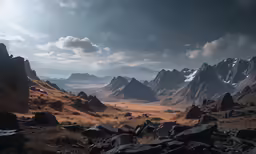 the sun shining through clouds on the mountains