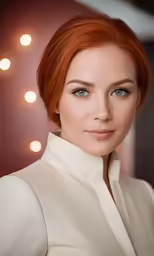 a woman is posing with a red hair and makeup