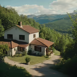 a house in a wooded area with a road leading to it