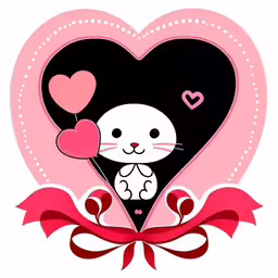 an image of a heart with cat and bow,heart with ribbon and a cartoon cat holding balloon