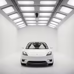 a white car sitting inside of a garage