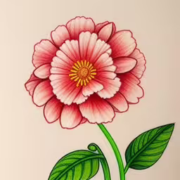 a drawing of a flower with leaves on the side,drawing of a flower is on the side of a white wall,an illustration of a flower on a paper,drawing of a pink flower with green leaves,a drawing of a flower with leaves and buds