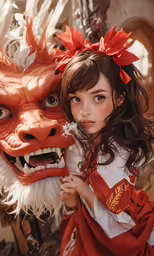 a girl and her dragon pose for the camera