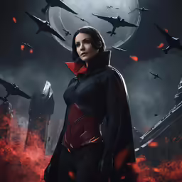 the movie character captain stark standing in front of a large, red fire and flying airplanes