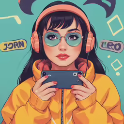 an artistic painting of a girl with headphones