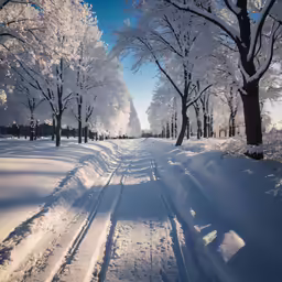 a snow - covered park, lined with trees, on a sunny day