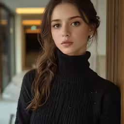 an elegant young woman standing in an empty hallway
