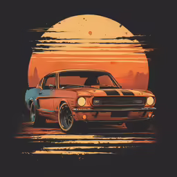 an orange and blue mustang in front of a sunset