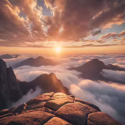 sun setting above the clouds in the mountains