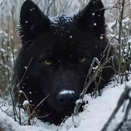 a black dog sitting in a snowy wooded area