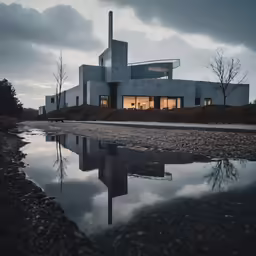 a building next to a body of water at dusk