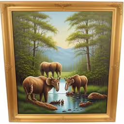 a painting of four elephants by a pond,painting with animals at the water