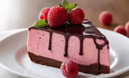 there is a slice of cheesecake that has raspberries on top of it