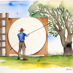 an older man is standing in front of an animal pen and a circle on the background,this is a painting of a man fishing in a water color