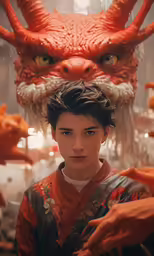 a young man is dressed as an asian demon