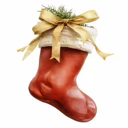 a red boot with a tan ribbon around it