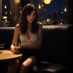 woman at table looking down with city lights as backdrop