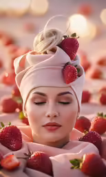 a woman is taking a bath with strawberries on her head