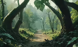 a dirt path surrounded by green trees and bushes