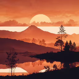 a sunrise with trees and mountains and a lake,sunset with a single tree and mountains and lake